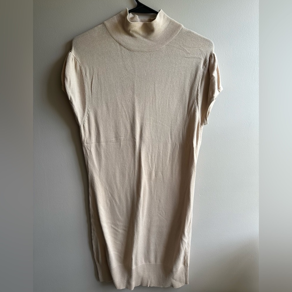 Glimmer brand tan colored short cuffed sleeve turtleneck dress, knee length